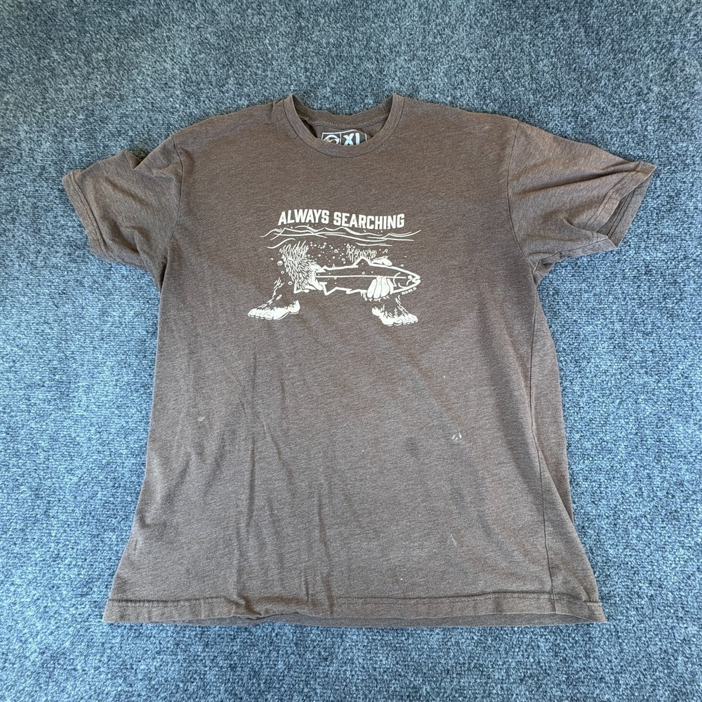 STLHD‎ Gear T-Shirt Mens XL Brown Always Searching Bigfoot Fishing Graphic Print